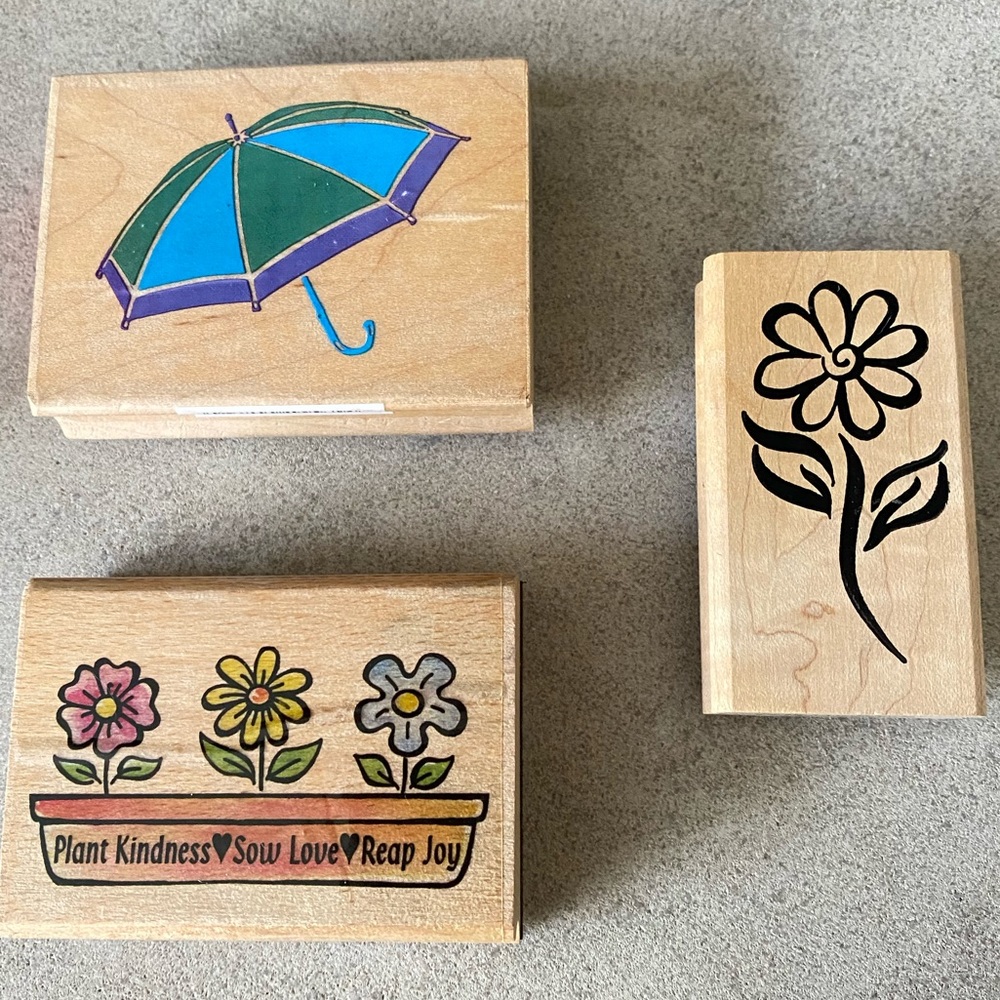 Set of 3 Wood Block Rubber Stamps Umbrella Flowers